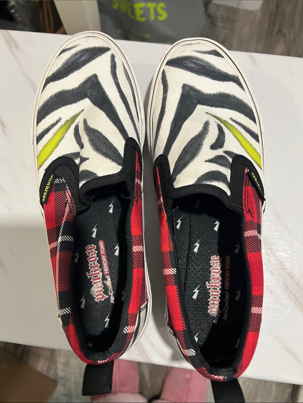 Unlabeled Slip-On Sneakers in White, Black & Red Plaid